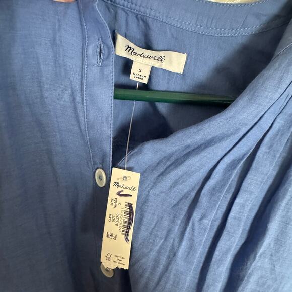 Madewell Balloon Shirred Sleeve Top WMNS S Blue Button Up 3/4 Sleeve Lightweight - Picture 4 of 8